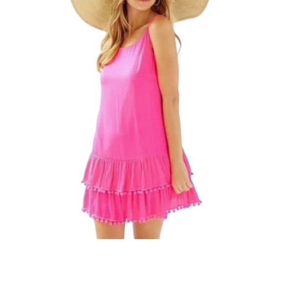 Lilly Pulitzer Natashia Pom Pom Mini Dress Pink Ruffle Hem Size Medium - Picture 9 of 11